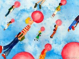 flying kids blowing bubbles